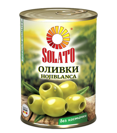 Оливки "SOLATO" 300мл/280г  б/косточки ж/б, 1/12
