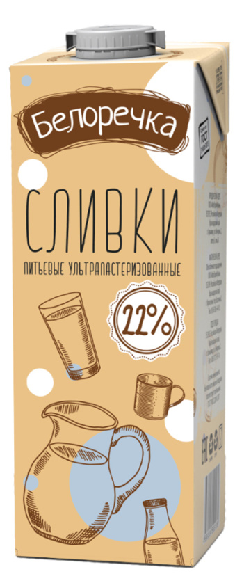 Сливки "Белоречка" с м.д.ж. 22% питьевые у/п 1кг*12